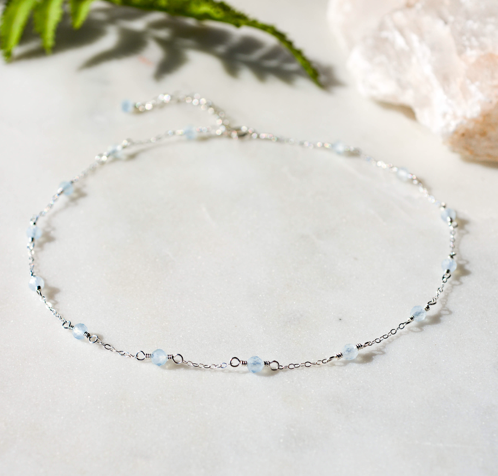 Aquamarine Beaded Chain Necklace, March Birthstone