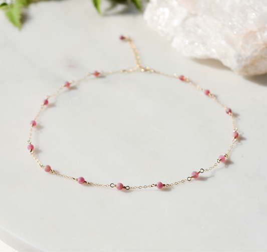 Pink Tourmaline Beaded Chain Necklace, October Birthstone