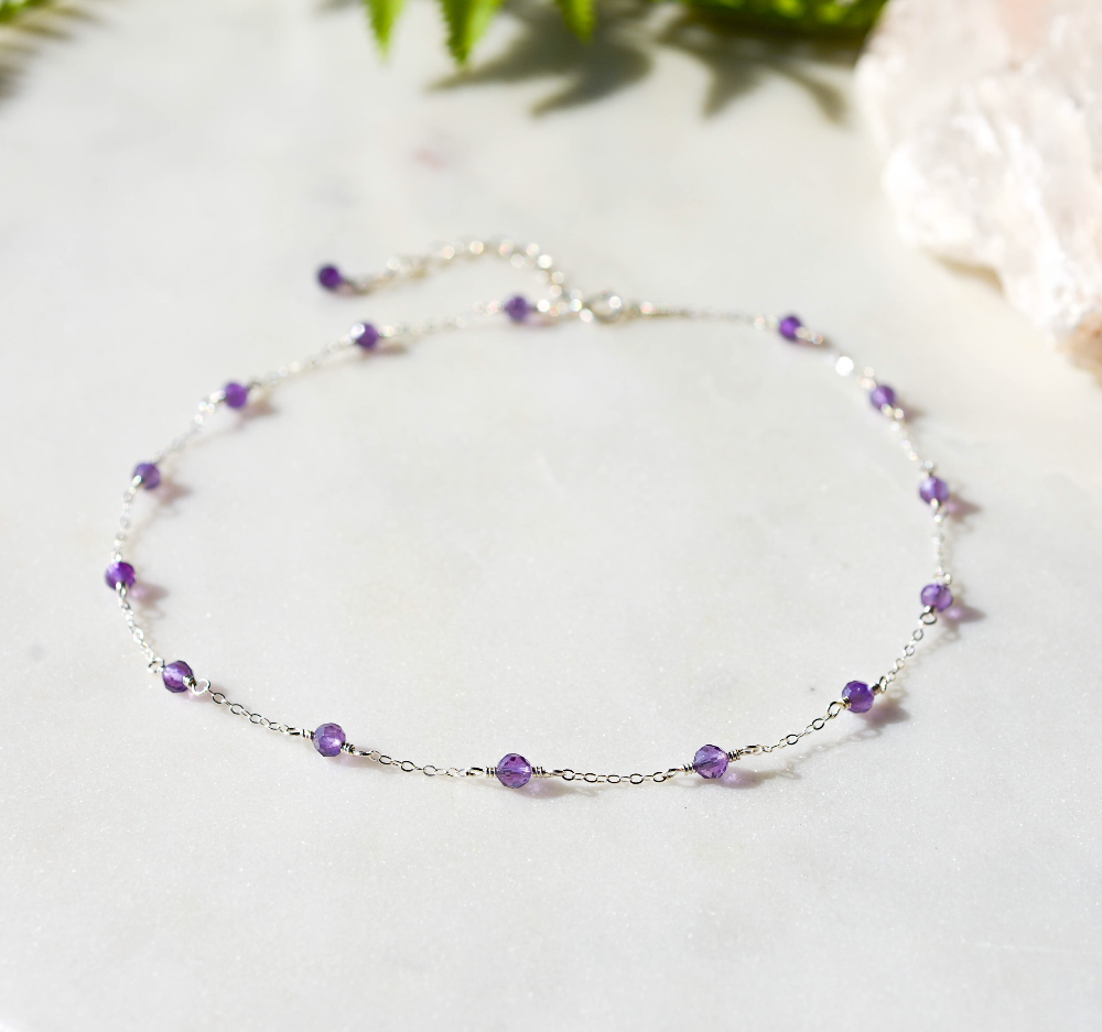 Amethyst Beaded Chain Necklace, February Birthstone