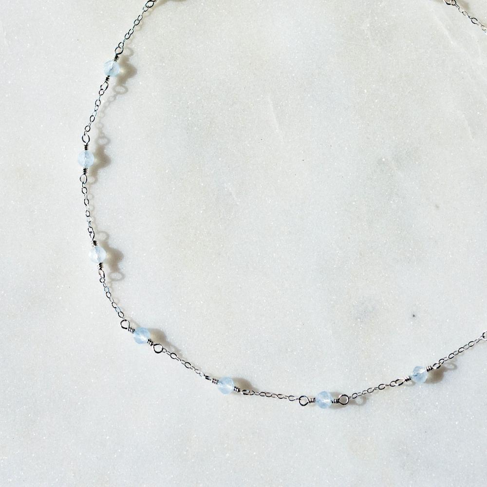 Aquamarine Beaded Chain Necklace, March Birthstone