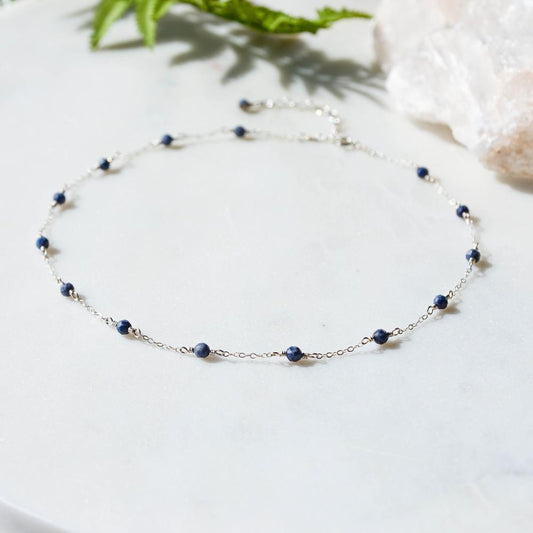 Sapphire Beaded Chain Necklace, September Birthstone