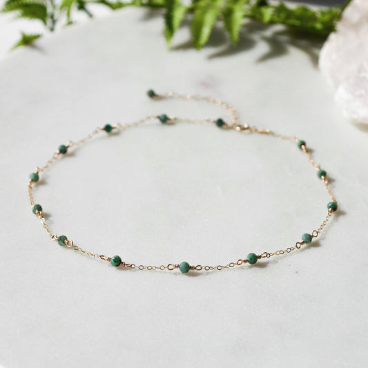 Emerald Beaded Chain Necklace, May Birthstone