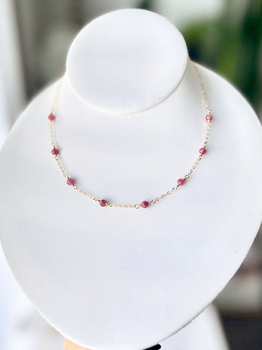 Pink Tourmaline Beaded Chain Necklace, October Birthstone